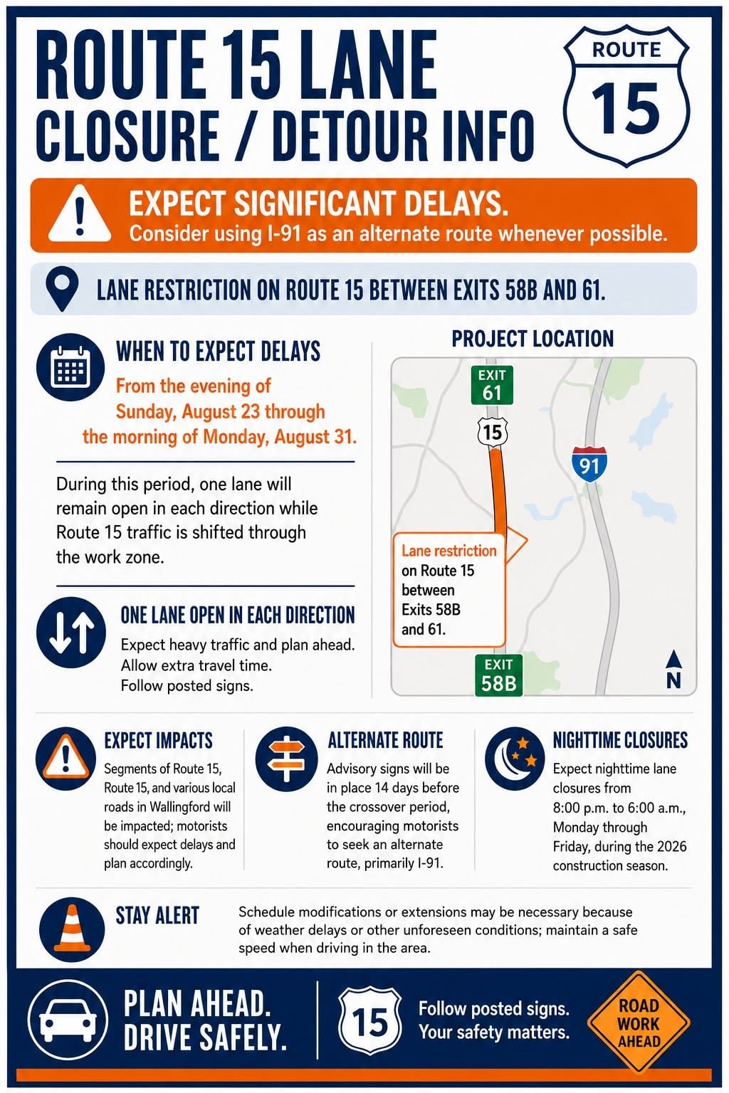 Route 15 Lane Realignment Begins Sunday in Meriden-Wallingford Area