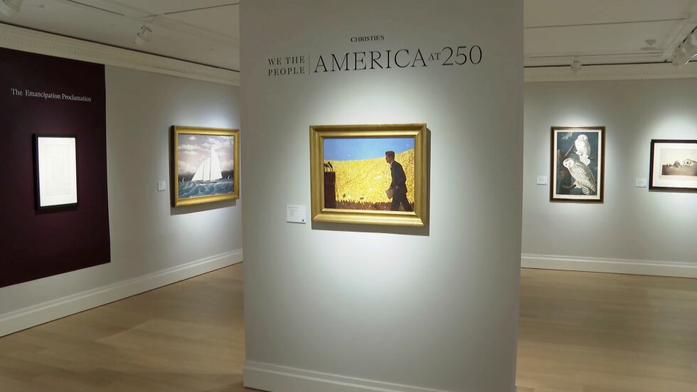 A painting depicting John F. Kennedy accepting the 1960 Democratic nomination at the Los...