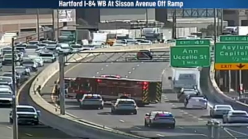 A crash closed three lanes on I-84 east in Hartford the morning of Aug. 10, 2026, CT DOT...
