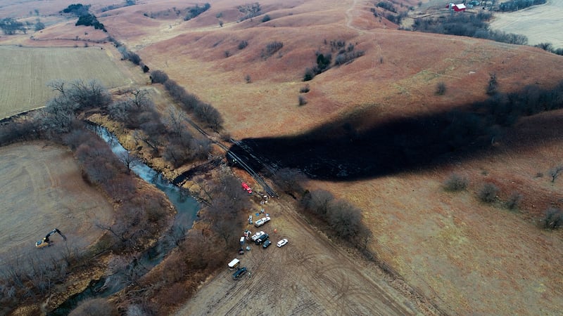 FILE - This photo taken with a drone shows the area where the ruptured Keystone pipeline...
