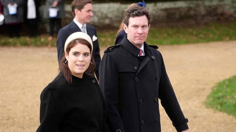 FILE - Britain's Princess Eugenie and husband Jack Brooksbank leave after attending the...