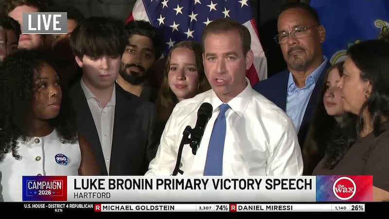 Luke Bronin addresses supporters after projected victory in 1st district primary