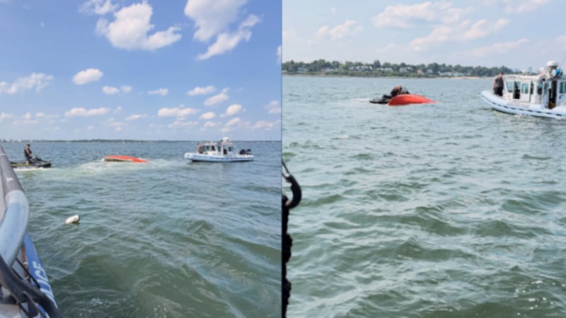 Emergency crews responded to a capsized vessel on Long Island Sound on Sunday.