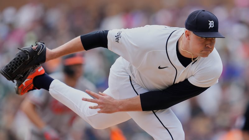 Detroit Tigers pitcher Tarik Skubal throws during the seventh inning of a baseball game...