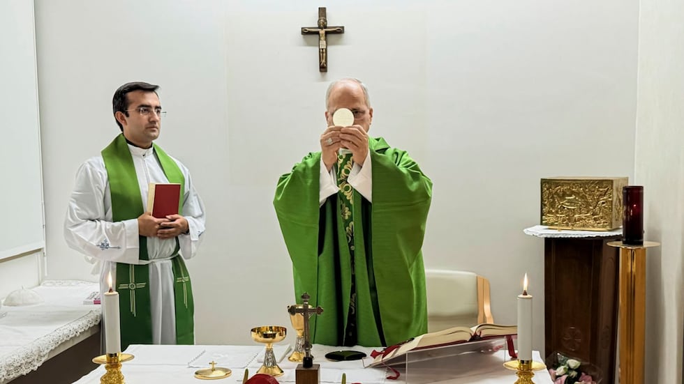 This picture, released by Vatican Media on Friday, Oct. 16, 2026, shows Pope Leo XIV, flanked...