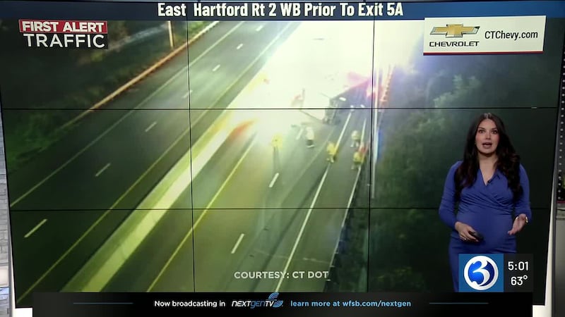 Part of Route 2 is closed for an overturned tractor trailer on Tuesday morning in East Hartford.