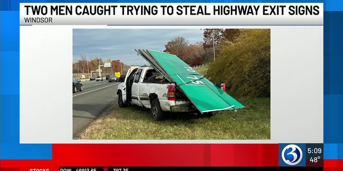 2 men accused of trying to steal highway sign from I-91 in Windsor